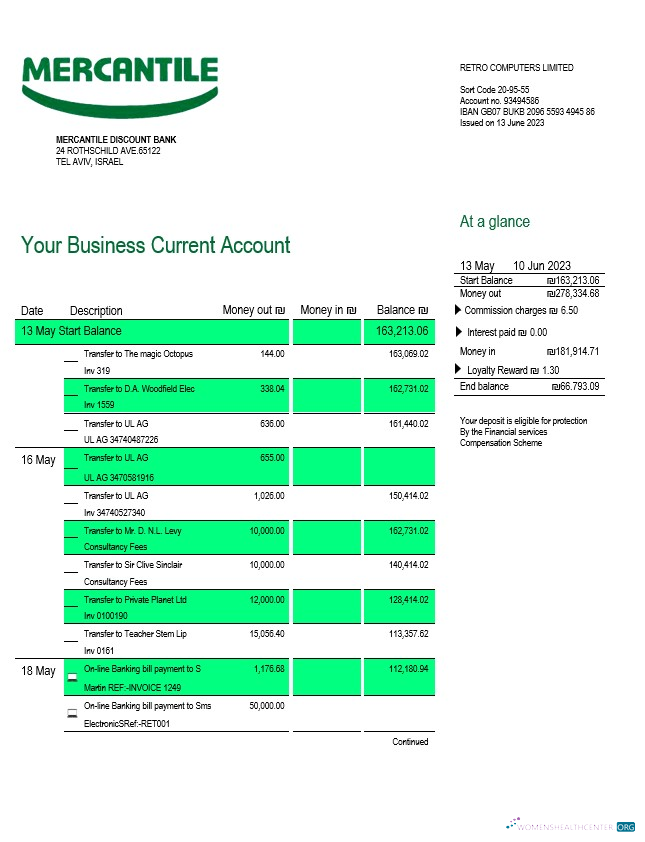 Download Mercantile Discount Bank business statement Word and PDF template Photoshop template